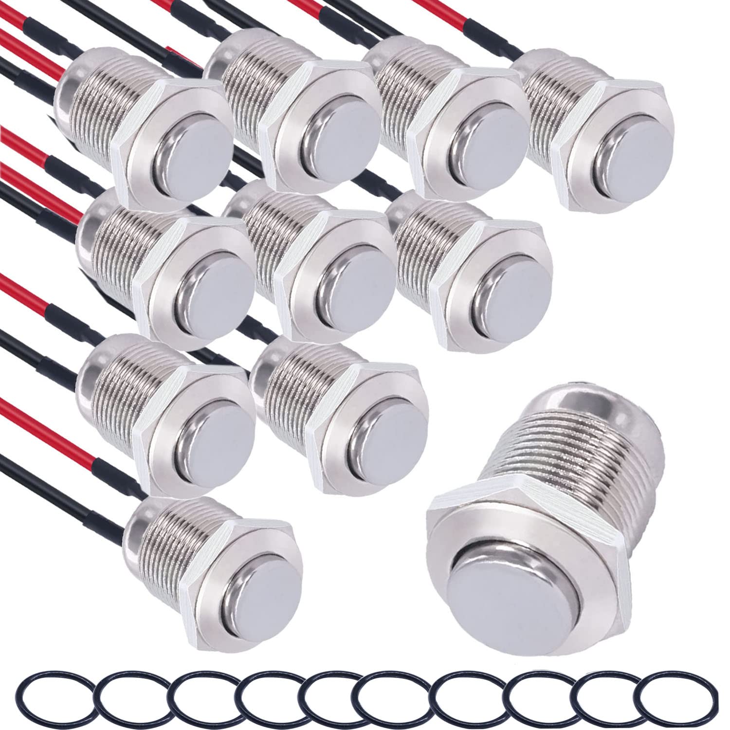RUNCCI-YUN 10 Pieces 12 mm Momentary Push Button Switch Waterproof Push Button Switch Round Momentary Switch with Pre wiring,DIY Stainless Steel Normally Open Metal Push Start Button (High Head)