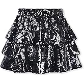 WELAKEN Sparkle Sequin Skirt for Girls Kids Elastic Waist Three Layer Ruffle Skirt