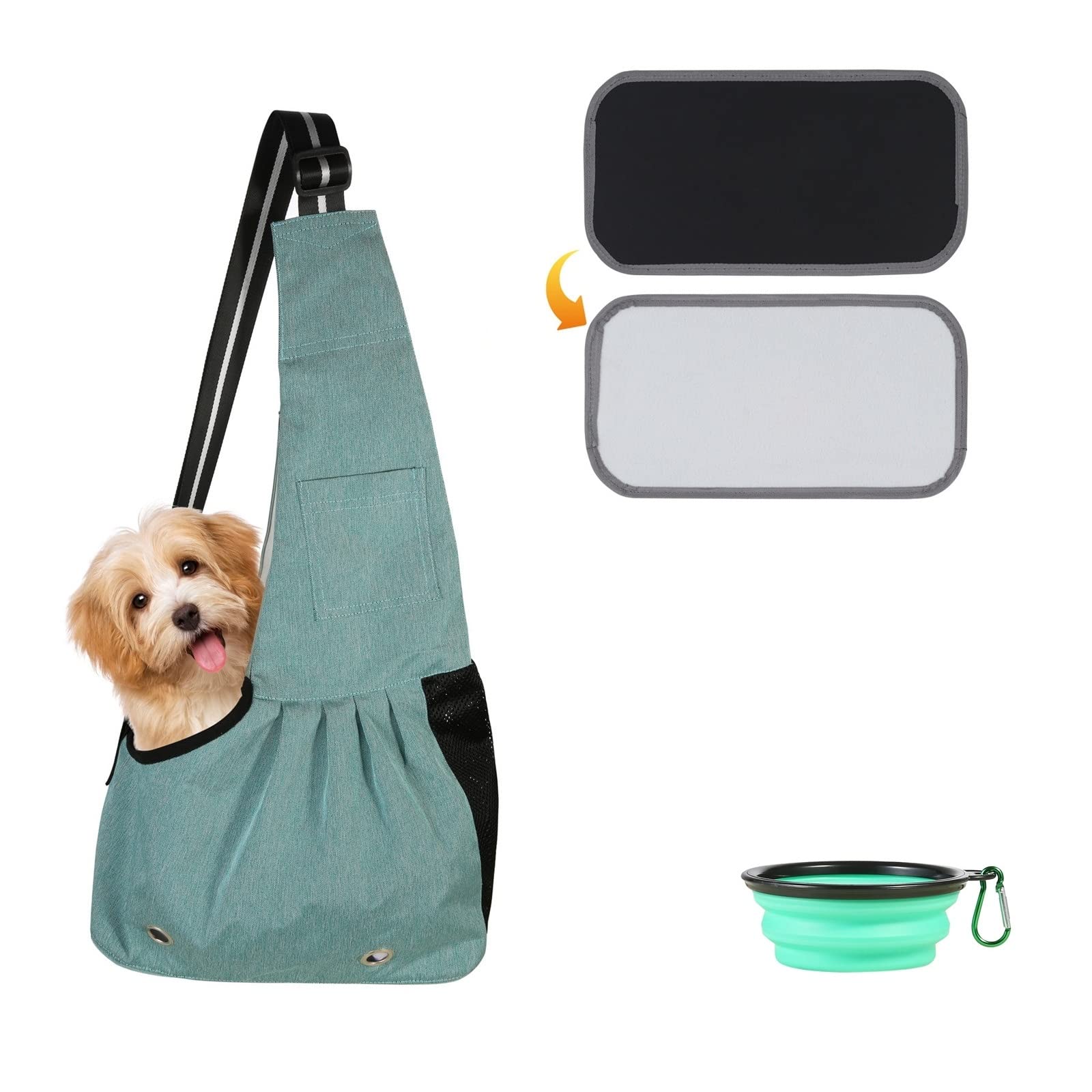 SLSON Pet Sling Carrier Hands-free Sling Pet Carrier Bag with Adjustable Shoulder for Cat and Small Dog Outdoor and Travelling, comes with Collapsible Dog Bowl, Small Size, Green