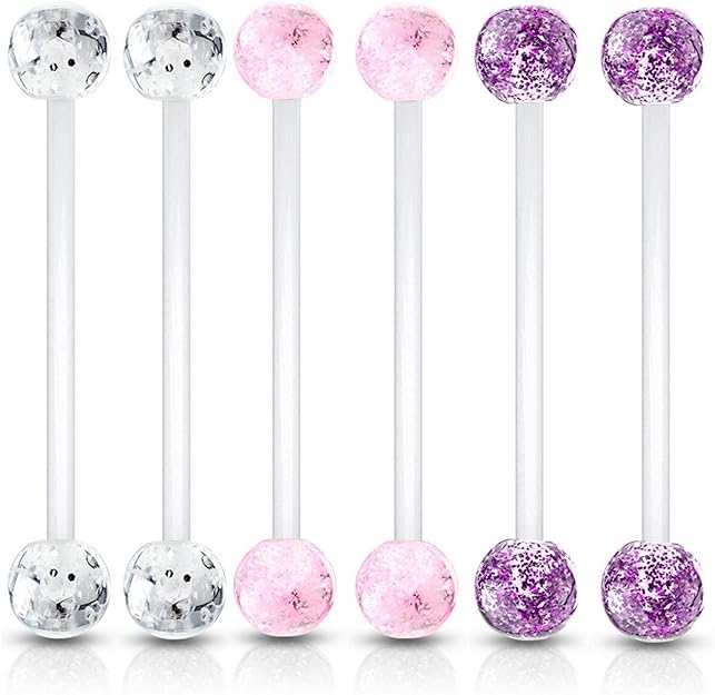 BODY DAZZ 6PC Lot Pregnancy Belly Button Navel Rings Acrylic/Bioflex (14G25mm Flexible Bar