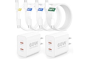 iPhone 17 16 15 Charger Fast Charging, 2 Pack 60W Dual USB C Fast Wall Charger Block with Long 3/6/6/10FT USB C Cable Cord fo