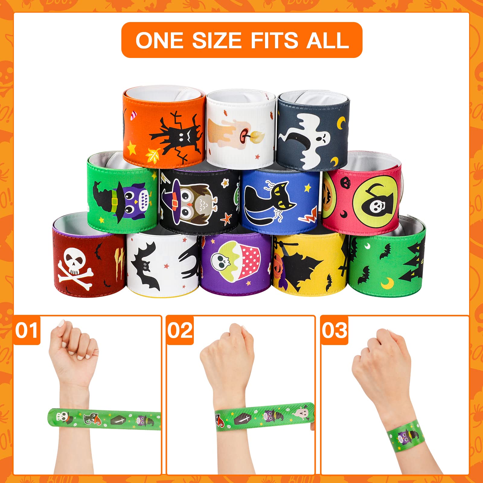 MGparty 72PCS Halloween Slap Bracelets 24 Halloween Theme Designs Spider Pumpkin Ghost Zombie Bat Witches Snap Bracelet for Kids Party Favors Toys Prizes Pinata Goodie Bags Fillers