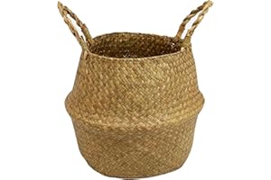 Casaphoria Woven Seagrass Belly Basket for Storage Plant Pot Indoorb,Decorative Sturdy and Durable Natural Material Sea Grass Baskets with Handles,Seaweed Round Basket for Organizing(Small)