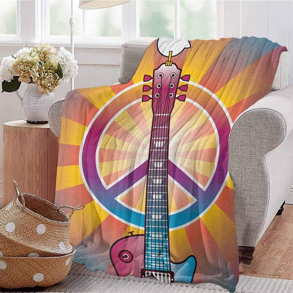 Luoiaax Retro Bedding Flannel Blanket Colorful Guitar and Peace Symbol and Dove Dedicated to The Woodstock Artsy Tribute Super Soft and Comfortable Luxury Bed Blanket W80 x L60 Inch Multicolor