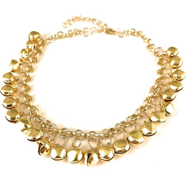 Gold Plated Anklet With Twisted Links & Jingle Bell - Adjustable Brass Jewelry
