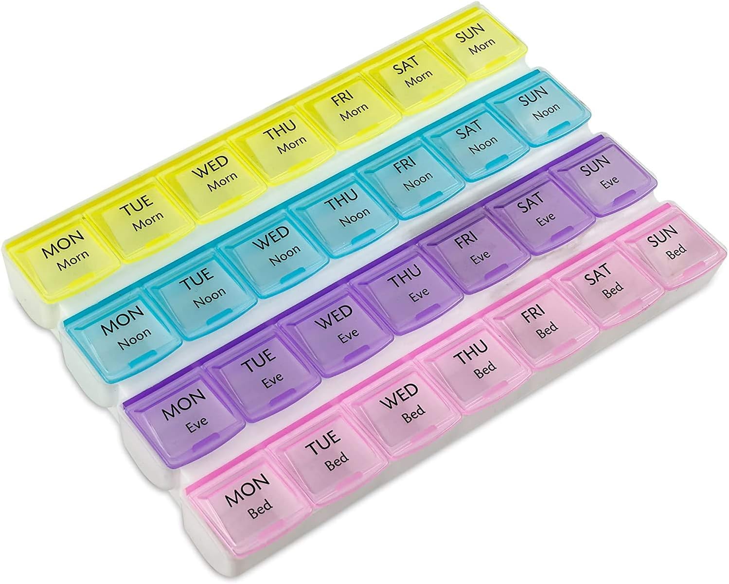 Weekly Pill Organizer with 28 Compartments, by MEDca, Multi-coloured, 4 Count (Pack of 1)