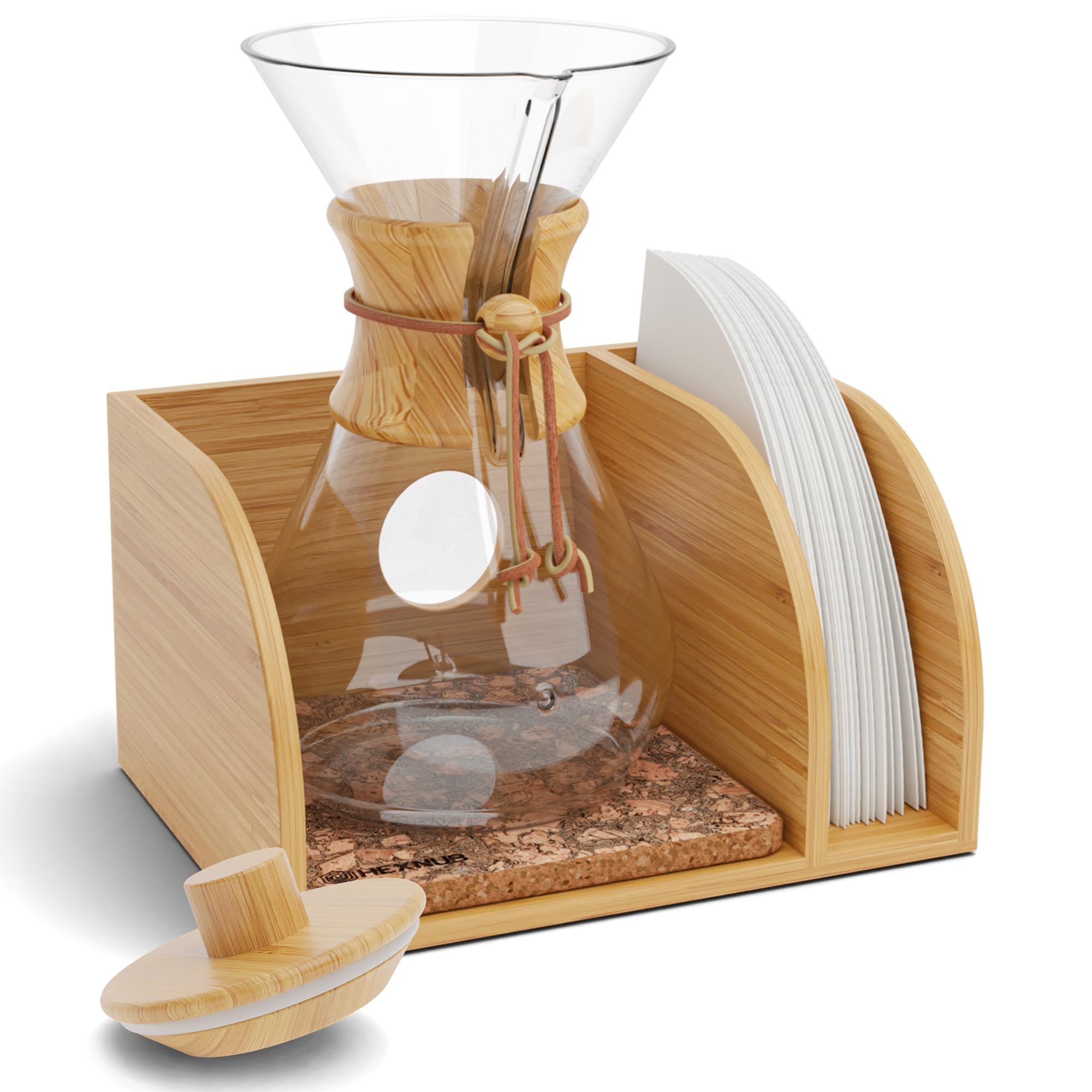 HEXNUB – Caddy and Lid for Chemex and Pour Over Coffee Maker, Bamboo Stand with Filter Holder, Fits Chemex Coffee Maker, Bodum, Cosori, Includes Heatproof Mat - Cork
