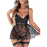Verdusa Women's 4 Piece Garter Lingerie Set Lace Underwire Babydoll Dress with Thong Stockings
