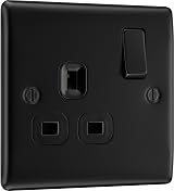 British General Nexus Metal 13A Single Switched Wall Socket Matt Black Slim view 1