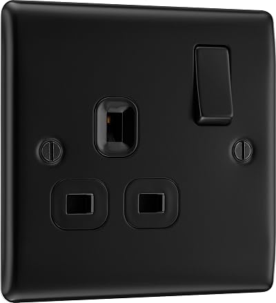 British General Nexus Metal 13A Single Switched Wall Socket Matt Black Slim