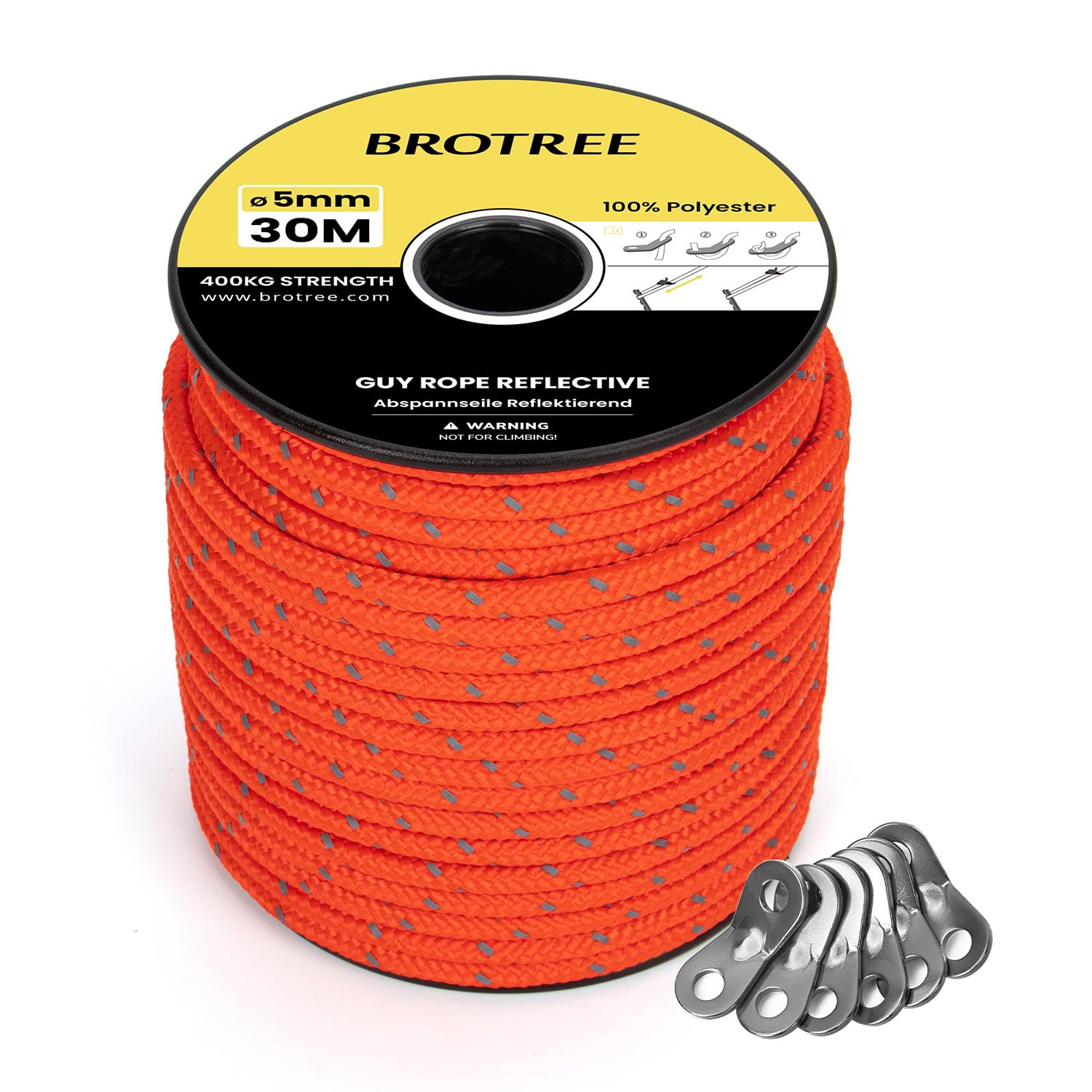 BROTREE Tent Guy Rope 5mm 30m Reflective Guy Line Heavy Duty Guide Rope with 6Pcs Aluminum Tensioners for Tent Gazebo Awning Camping (Neon Orange)