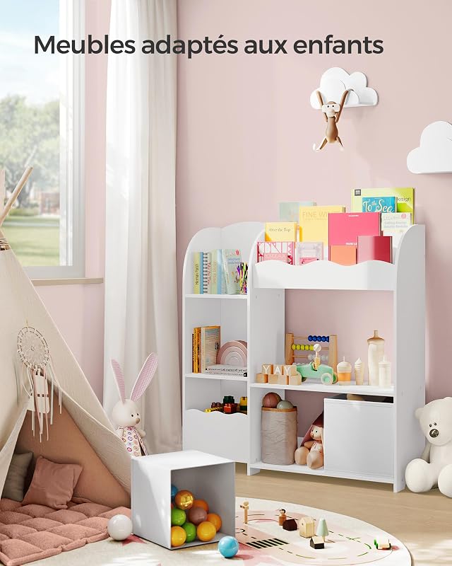 Étagère de Rangement pour Enfants, Bibliothèque, pour Livres et Jouets, Organisateur avec 2 Boîtes de Rangement, pour Salle de Jeux, Chambre d’Enfants, Salon, Blanc Nuage GKR042W01