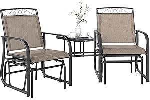 Outsunny Outdoor Glider Chairs with Coffee Table, Patio 2-Seat Rocking Chair Swing with Breathable Sling for Backyard, Garden and Porch, Brown