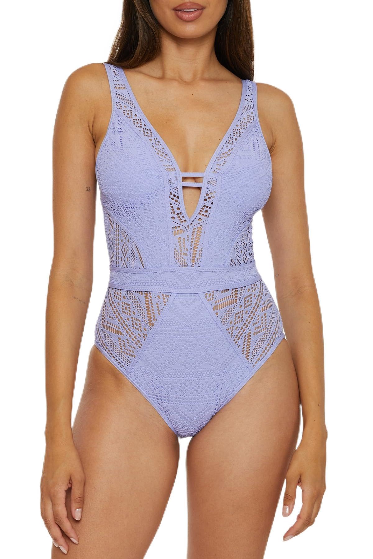 BECCA Color Play – Women’s One Piece Swimsuit, Plunge Neck, Crochet, Bathing Suits for Women, Bellflower, Medium
