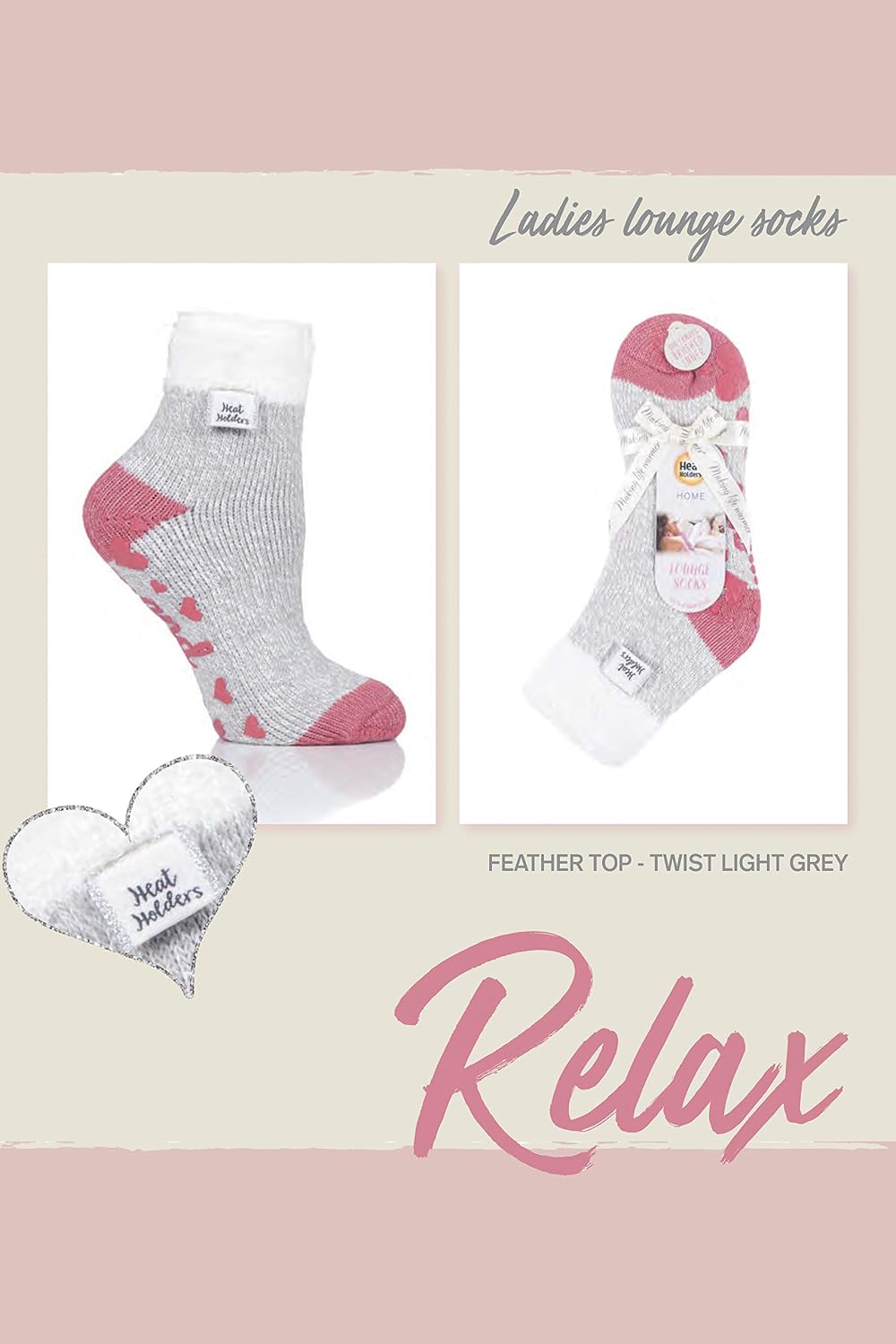 HEAT HOLDERS - Ladies Feather Top Fluffy Low Cut Non Slip Thermal Lounge Bed Socks with Grips (4-8 uk, Light Grey (L Feather)) - Image 5