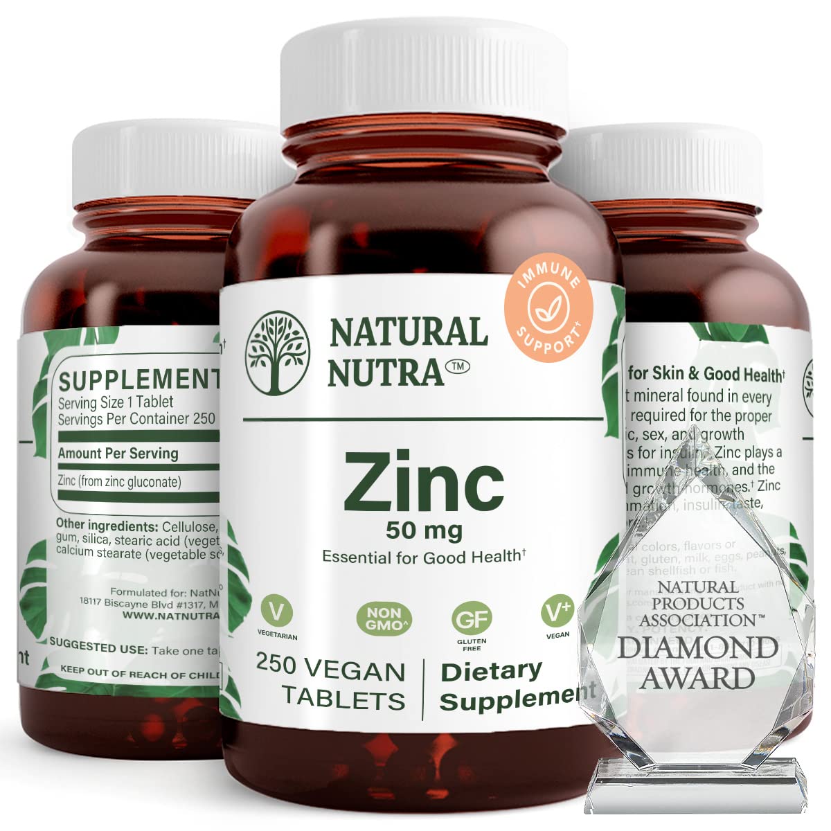 Natural Nutra Zinc Gluconate 50mg Supplement for Immune Support, Promotes Skin Health, Enhance Taste & Smell, Provides Ease from Cold & Flu, Boost Learning & Memory, Gluten Free 50mg 250 Vegan Tablets