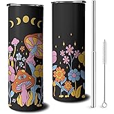 thmasamwr Mushroom Skinny Tumbler With Straw and Lid, Stainless Steel 20oz Coffee Travel Mug, Cute Moon and Mushroom Cups for Mushroom Lovers Gifts for Women and Girls