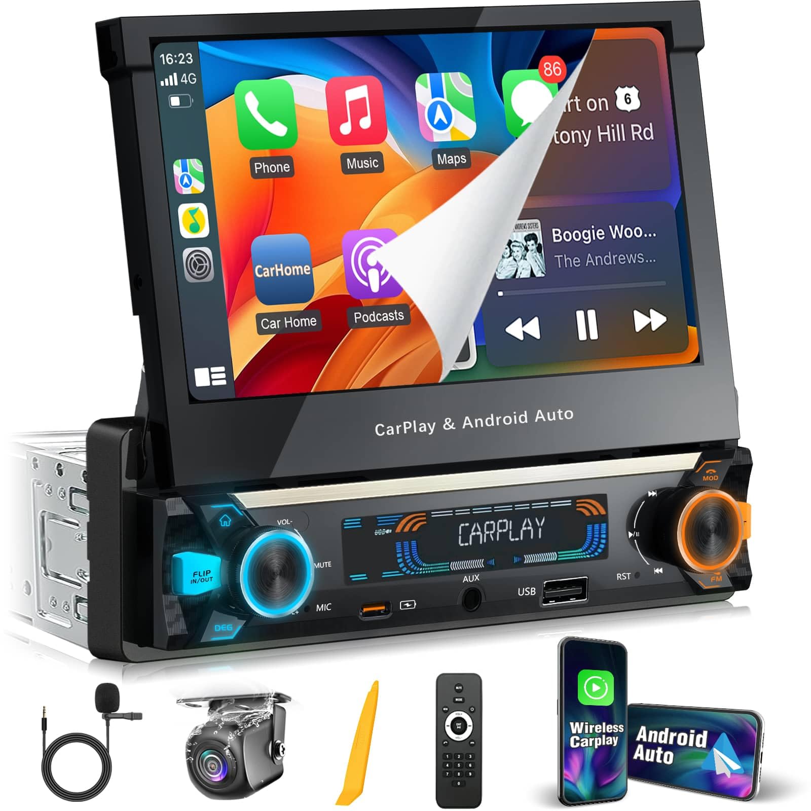 Photo 1 of ?SOOEMAKA? Single Din Touchscreen Radio with Wireless Carplay&Android Auto,7 inch QLED Motorized Flip Out Car Stereo Upgrade PD/QC 3.0 Type-C Fast Charging/Dual WiFi/Bluetooth 5.1/AM/FM/DSP (Flip)