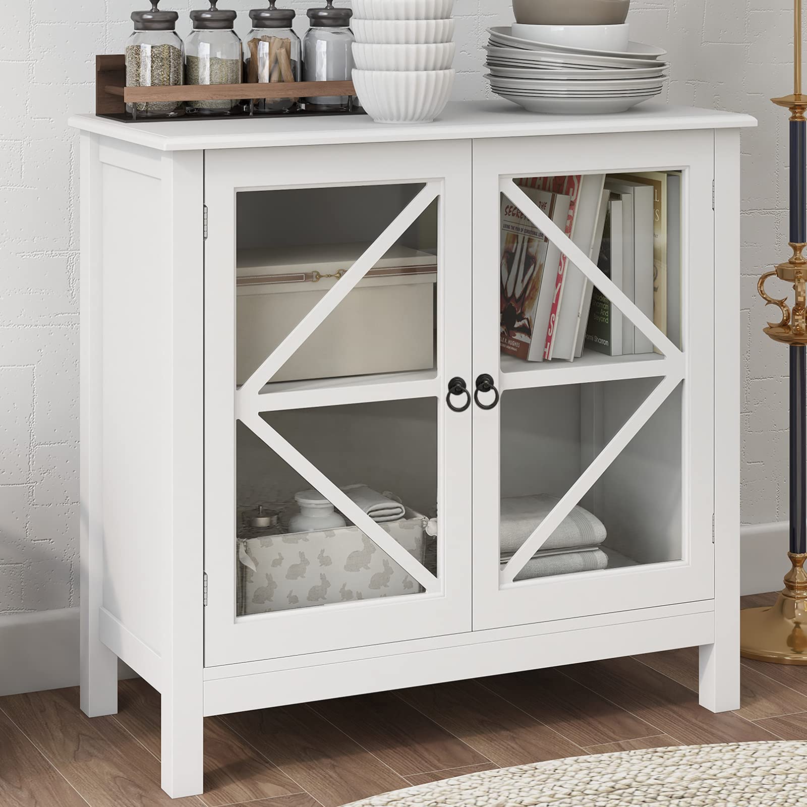 Photo 1 of RASOO Sideboard Cabinet Display Buffet Storage Cabinet with Double Framed Glass Doors Entry Cabinet for Home Kitchen Dining Room, Cupboard Console Table, (White)