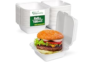 Bionutrio 6x6 Clamshell Take Out Containers, 100 Pack To Go Boxes, Compostable To Go Food Containers, Heavy-Duty Take Out Boxes Made Of Sugar Cane Fibers