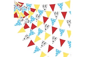 PINKBLUME 32Ft Cartoon Story Party Decorations Red Blue Yellow Toy Themed Story Fabric Banner Cloud and Cow Print Triangle Pennant Flag Garland Streamers for Kids Birthday Baby Shower Outdoor Garden Supplies