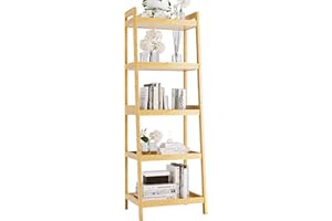 VOVALA Bookshelf, 5 Tier Ladder Bookcase with Bamboo Frame, Freestanding Tall Narrow Display Plant Shelf for Living Room, Kit