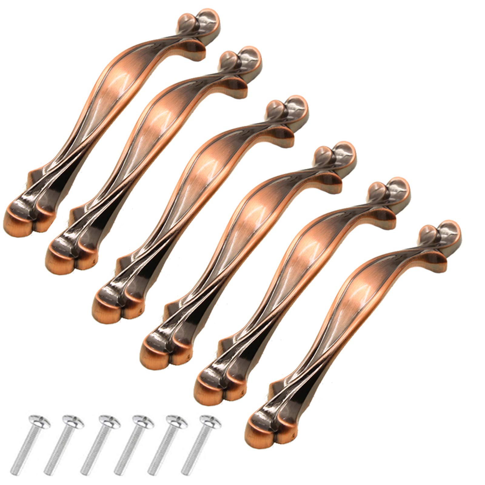KanDery 6PCS Vintage Cabinet Handles, Chic Drawer Pull, Furniture Door Pull, Antique Kitchen Cupboard Handle, 96mm Hole Center, Red Bronze