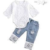 koramesis Baby Girl Clothes Set Lace Ruffle Romper Flare Denim Jean Pants and Headband 3Pcs Set Newborn Infant Outfits Set