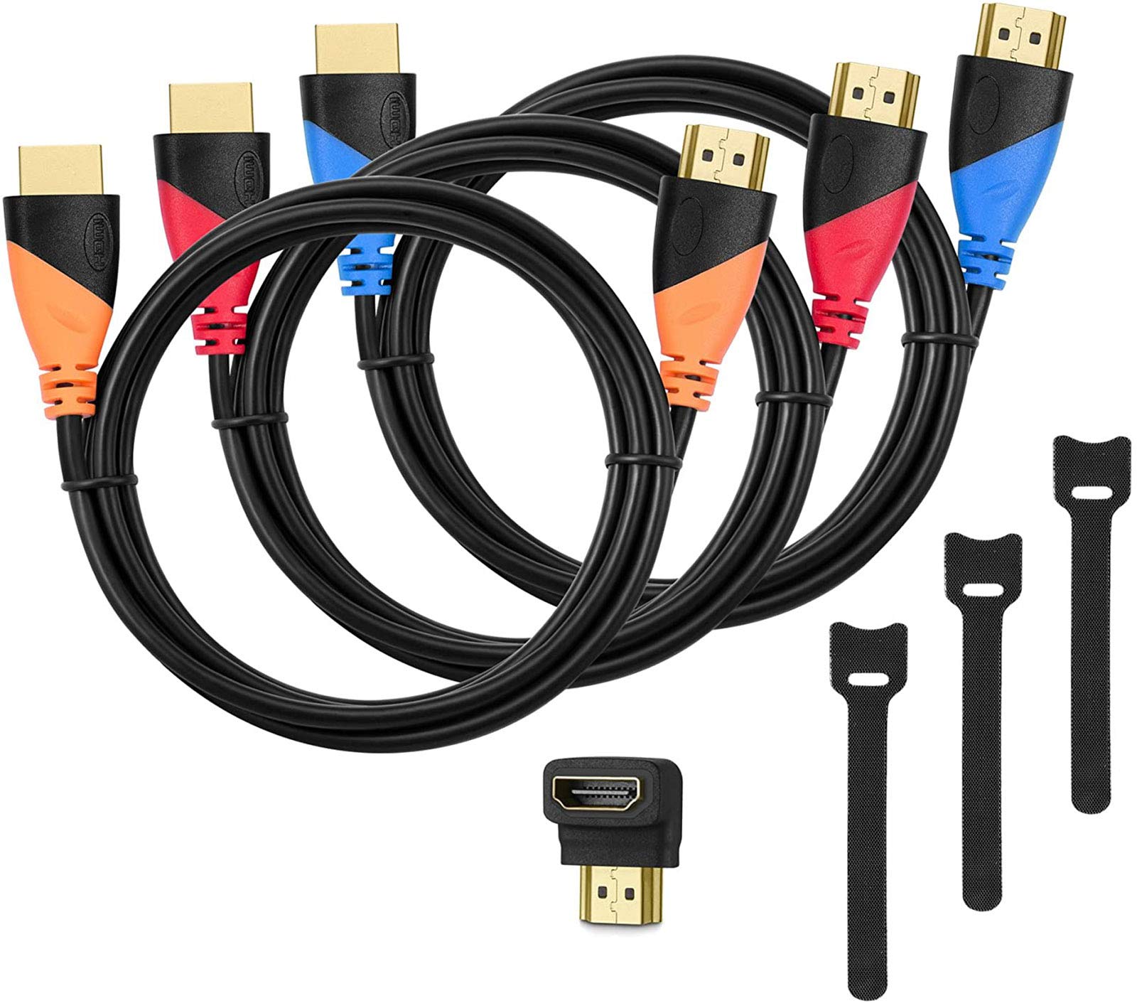High-Speed HDMI Cable(3 Pack)-6ft with Gold Plated Connectors, Bonus Right Angle Adapter and Cable Tie, Support Ethernet, 3D,1080P
