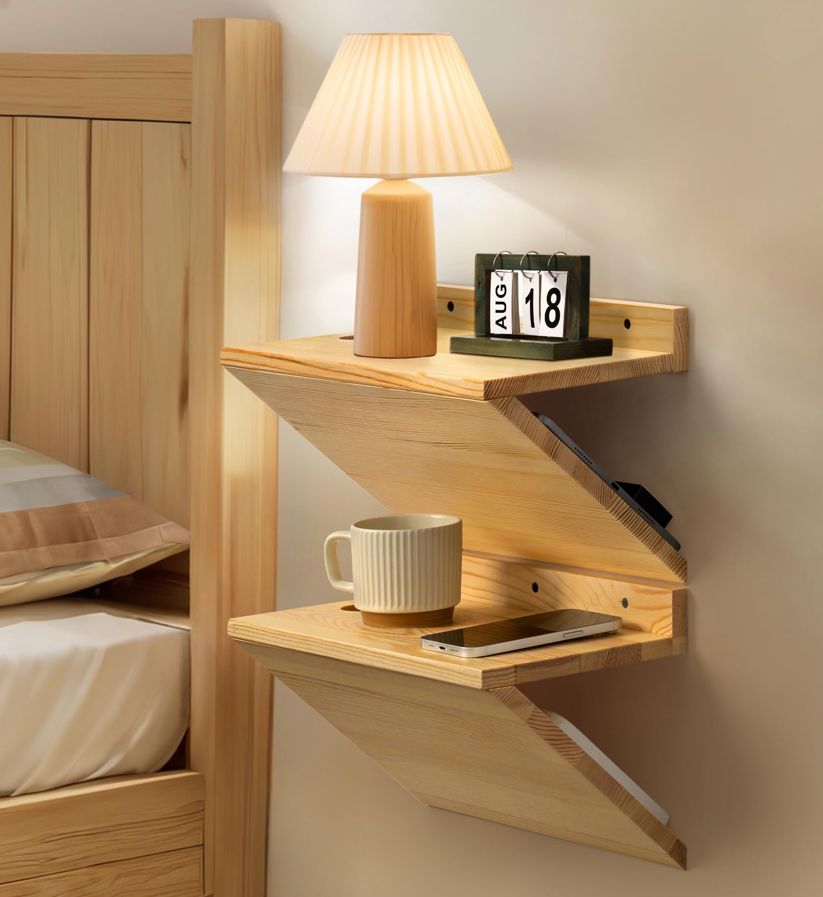 Photo 1 of Sivapleso Floating Nightstand, Walnut Wood Floating Bedside Table Z-Shape Wall Mounted Nightstand Small Hanging Night Stands for Bedroom (2, Natural Wood)