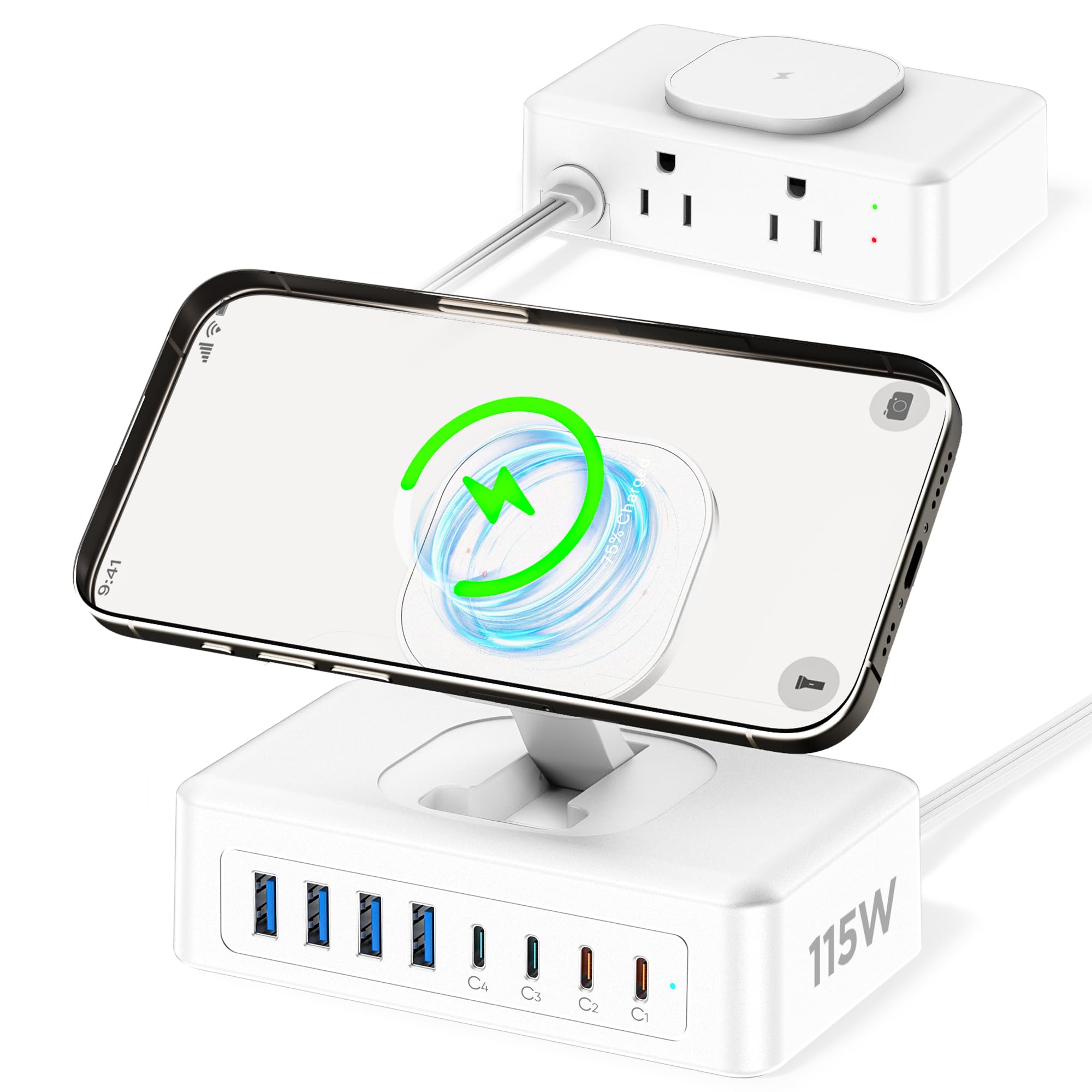 Photo 1 of 11-in-1 Charging Station USB-C Power Strip, 115W USB C Charger Block, 2AC Outlets 8USB Ports(4USB-C) Surge Protector, 5FT Flat Plug Extension Cord, PD65W Desktop Fast Charging for Home Office, White