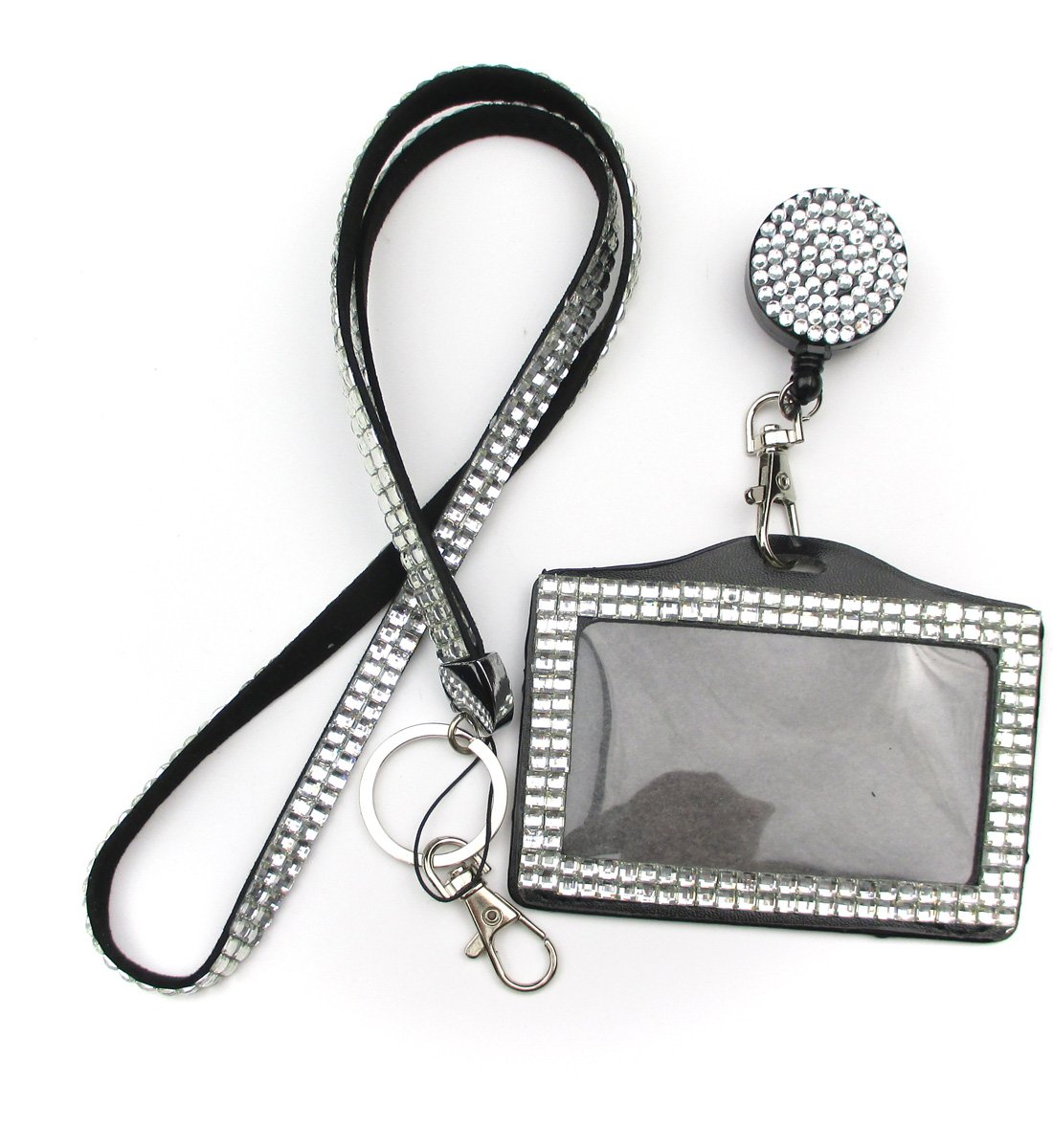 ALL in ONE Rhinestone Lanyard Bling Crystal Necklace + Badge Reel + Horizontal Card Holder for Business Id/key/cell Phone (WHITE)