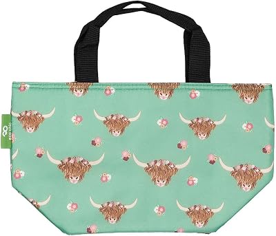 ECO CHIC Lightweight Foldable Insulated Lunch Bag Floral Highland Cow Green