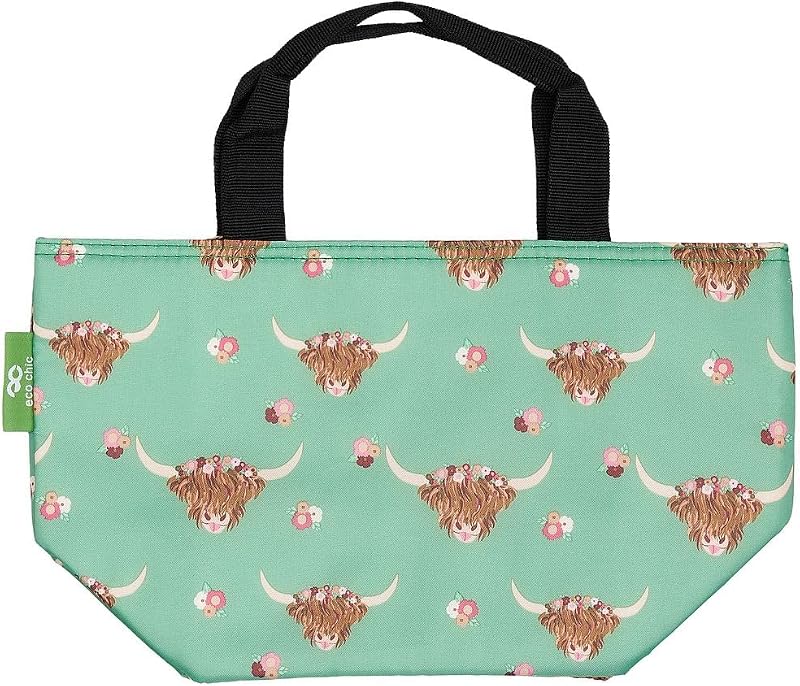 ECO CHIC Lightweight Foldable Insulated Lunch Bag Floral Highland Cow Green