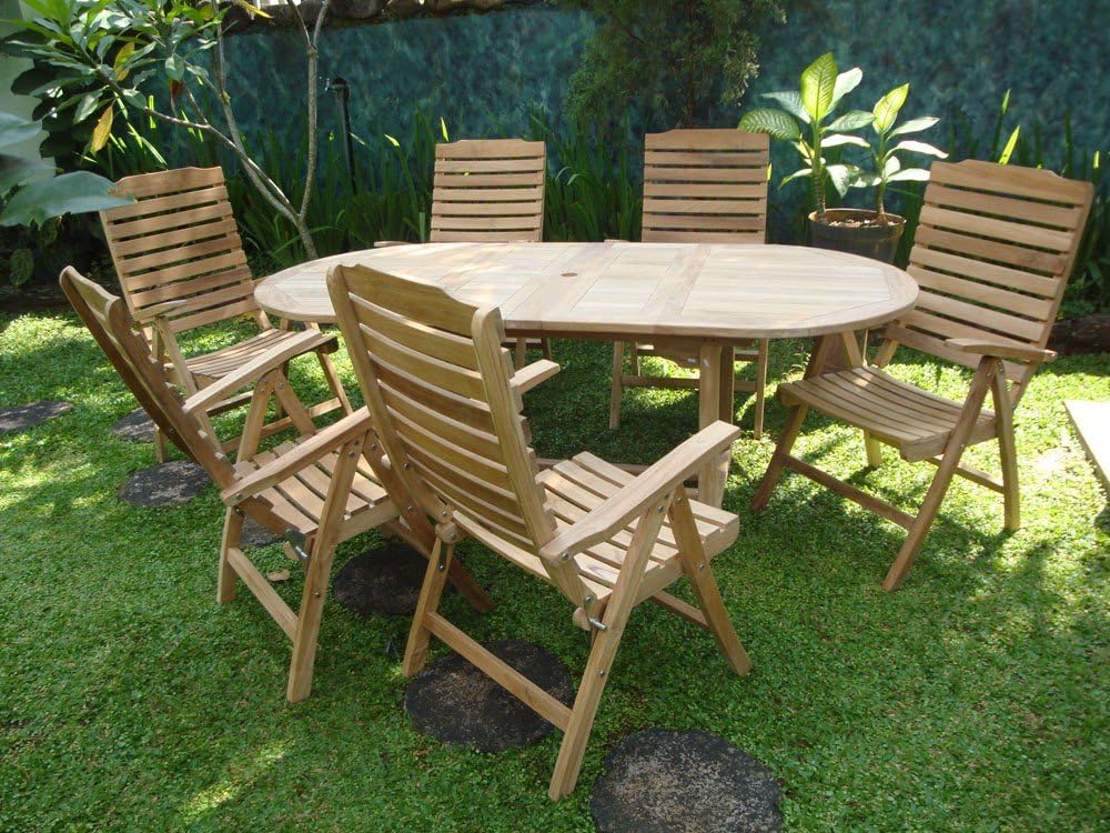 Windsor's Premium Grade A Teak Buckingham 66" x 40" Oval Double Leaf Extension Table w/Six Reclining 5 Position Folding Chairs, World's Best Outdoor Furniture! Teak Lasts A Lifetime!