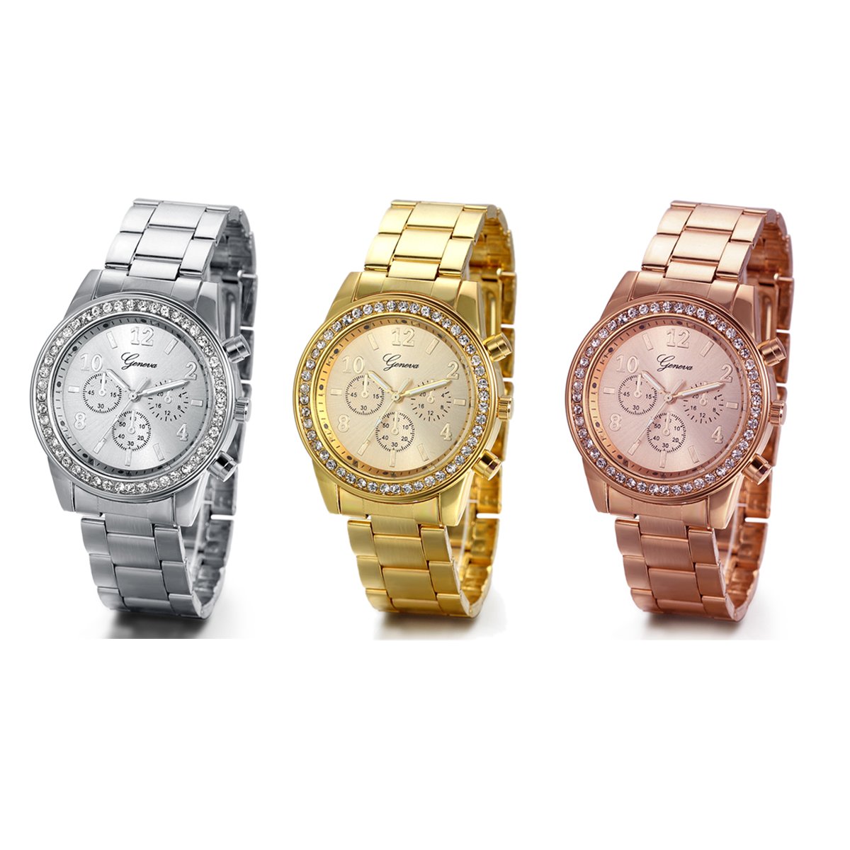 JewelryWe Mens Dress Watch, Stainless Steel Bling Rhinestones Accented Quartz Wrist Watches - 3PCS