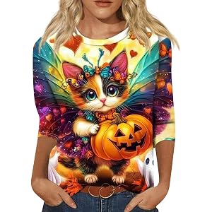 Halloween Shirts for Women Plus Size Cute Cat Print Graphic Tees Casual Crew Neck 3/4 Sleeve Pullover Blouses