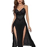 RUIBAVYA Women's Sexy High Side Split Nightgowns Sheer Dress Sexy Deep V Lace Mesh Dress Lingerie Babystocking Sleepwear