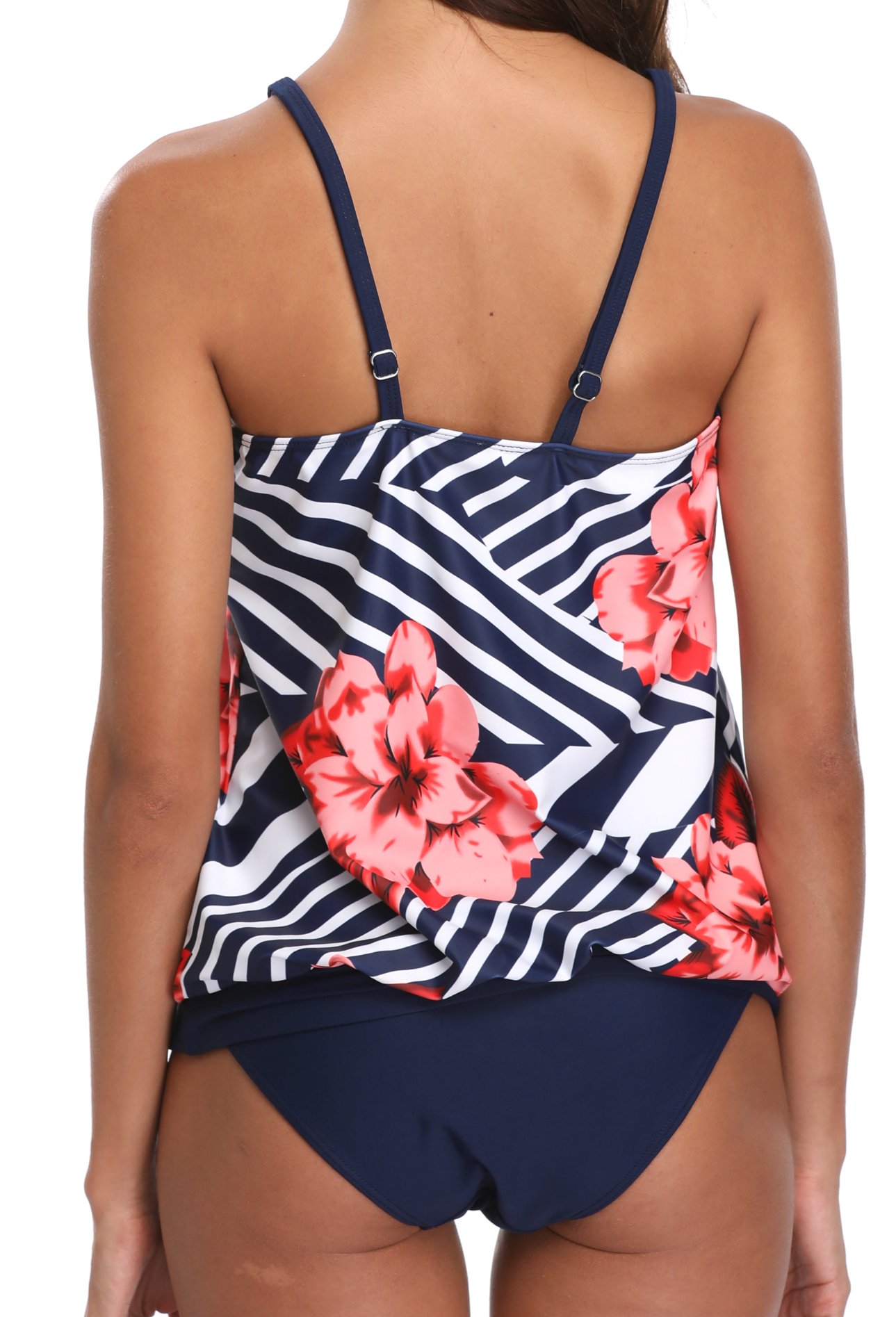 Yonique Women 2 Piece Blouson Floral Printed Tankini Top With Triangle Briefs Swimsuit Set S