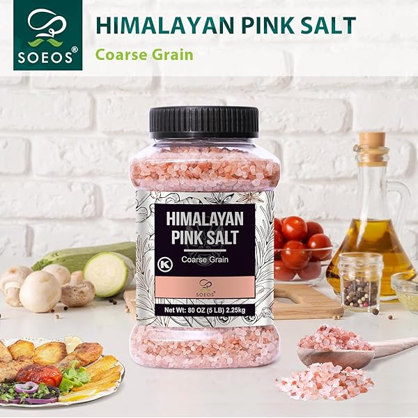 SOEOS HIMALAYAN PINK SALT, COARSE GRAIN, 80OZ (5 POUND), PINK SALT, KOSHER SALT, PINK HIMALAYAN SEA SALT COARSE FOR GRINDER REFILL