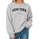 KIDDAD Womens New York Embroidered Sweatshirt Sherpa Crewneck Pullover Drop Shoulder sweatshirts Casual Long Sleeve Tops