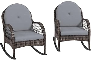 Outsunny Wicker Outdoor Rocking Chair Set of 2, Rattan Patio Rocking Chairs with Cushions and Curved Armrests, Indoor Outdoor