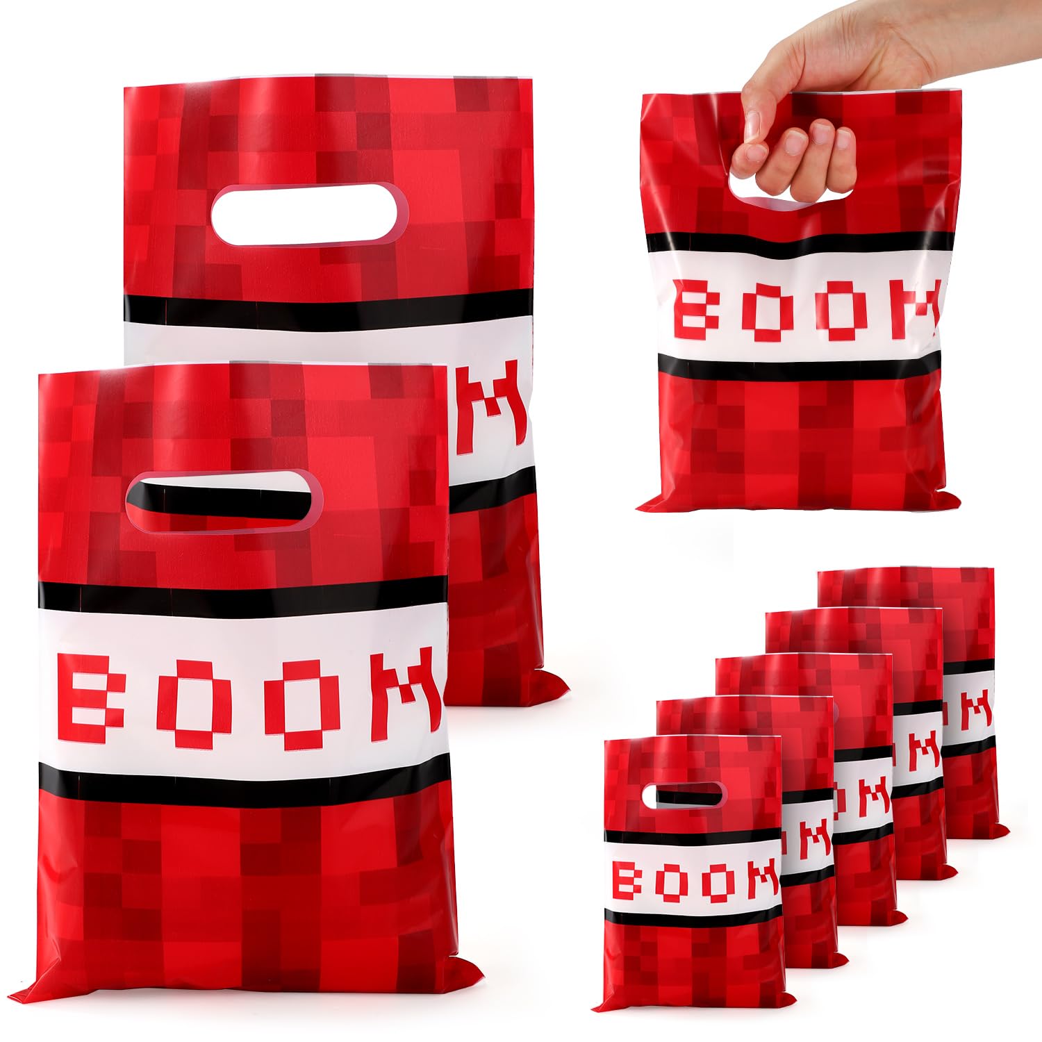 Photo 1 of 50pcs Pixel Party Gift Bags, Game Theme Candy Snack Red Favor Bags with Handles Goodie Treat Gift Wrapping for Boys Girls Birthday Party Decoration Supplies