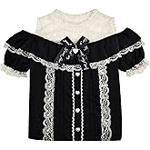 Cuteighteen Sweet Cold Shoulder Shirt Women Lolita Lace Mesh Sheer Short Sleeve Blouse Vintage Ruffle Button Cute Tops