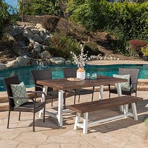 Christopher Knight Home 303913 Cooper Cecilia Outdoor 6 Piece Stacking Wicker Dining Set Finish Acacia Wood Table and Bench, 6-Pcs, Sandblast Dark Brown/White Rustic Metal/Multibrown
