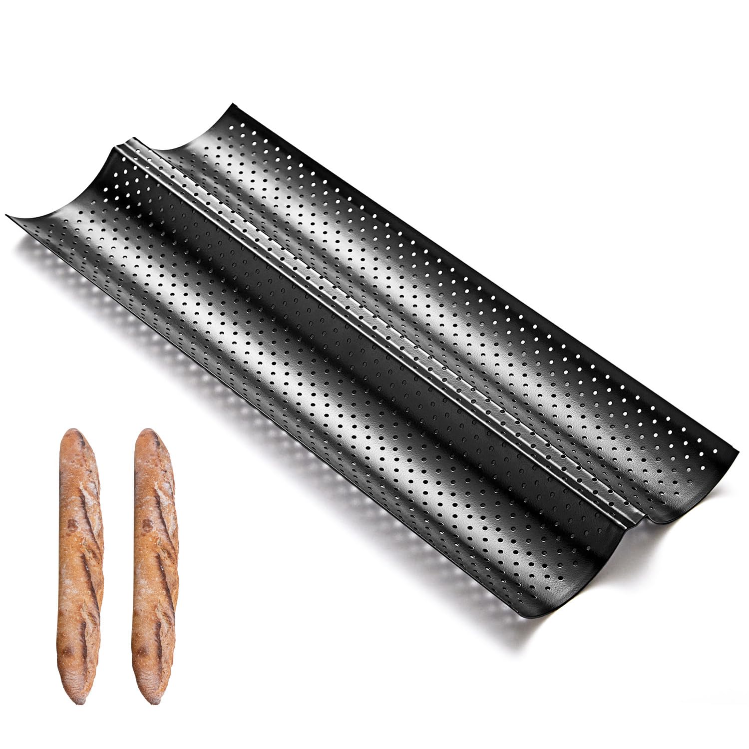 Photo 1 of KITESSENSU Nonstick Baguette Pan for French Bread Baking Pan, 2 Loaves French Baking Bread Pan, Baguette Bread Pan or sourdough bread baking supplies, Perfect for Creating Crisp Golden Crust,Black