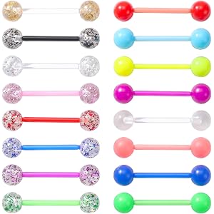 Heclia 16 Pcs 14G Glow in Dark Tongue Barbell Flexible Acrylic Straight | Multi Color Assortment Tongue Piercing Jewelry, Str