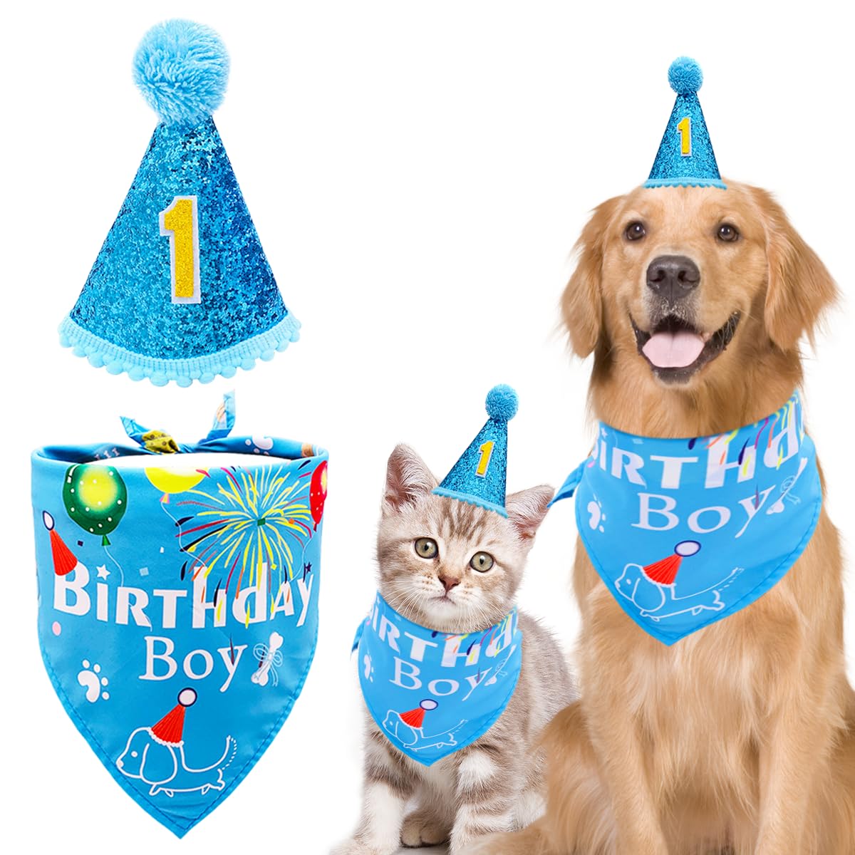 BIPY 1st Birthday Dog Hat Bandanas Set for Boys Small Medium Puppy First Birthday Blue Grooming Supplies Pet 1 Year Birthday Celebration Decoration Accessories