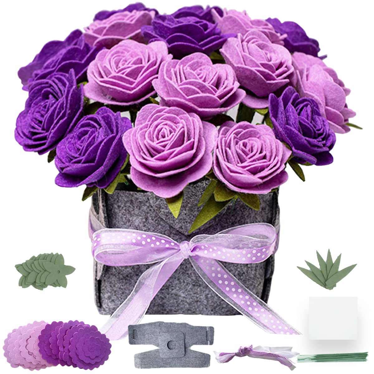 BAZIMA DIY Felt Flower Art Craft Kit, DIY Purple Rose Pot Bonsai Kit, Floral Gifts,Beginner Craft Kit,Arrange Pre-Cut Felt Flowers and Foliage