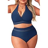 Plus Size Bikini Set High Waisted Tummy Control Mesh Two Piece Swimsuit | Sexy Sheer Mesh Insert, High Waisted Tummy Control Bottom, Halter Neck, Secure Back Clasp, Removable Pads